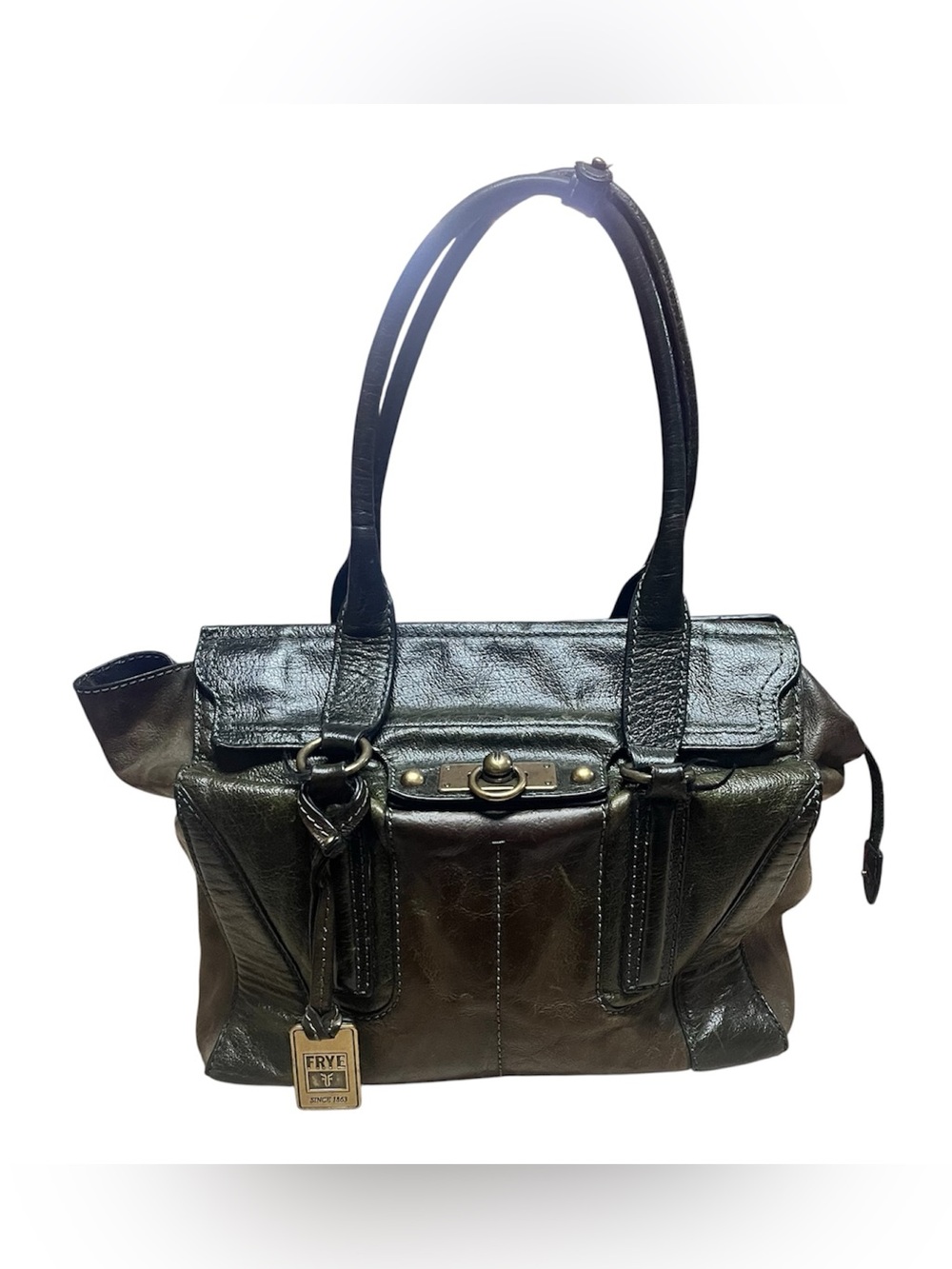 Frye Dana Colorblock Leather Tote Bag Olive Green Brown